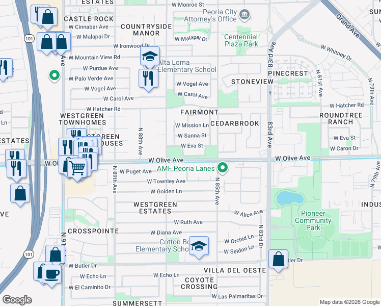 map of restaurants, bars, coffee shops, grocery stores, and more near 8610 West Caron Drive in Peoria