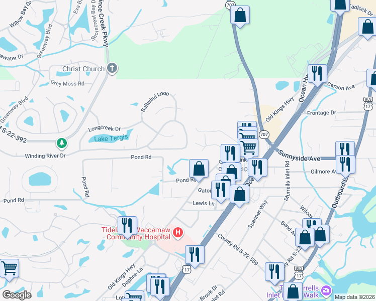 map of restaurants, bars, coffee shops, grocery stores, and more near 174 Cypress Creek Drive in Murrells Inlet
