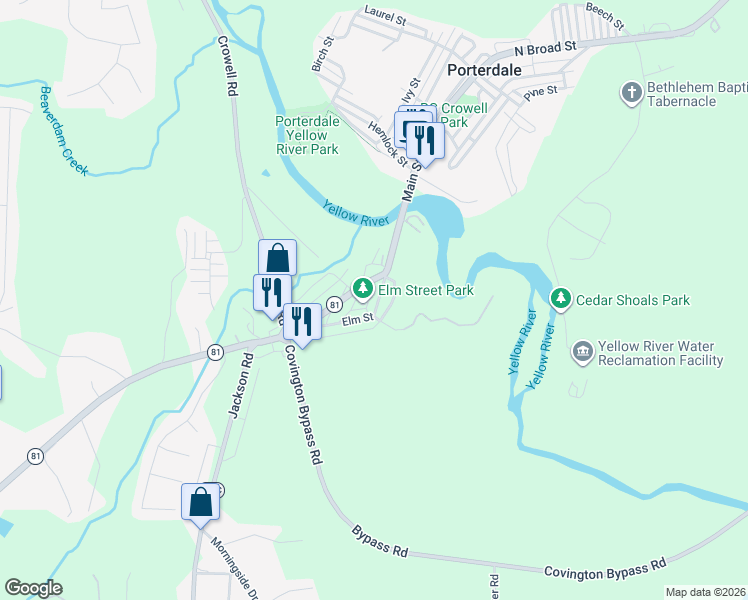 map of restaurants, bars, coffee shops, grocery stores, and more near 7 Elm Street in Porterdale
