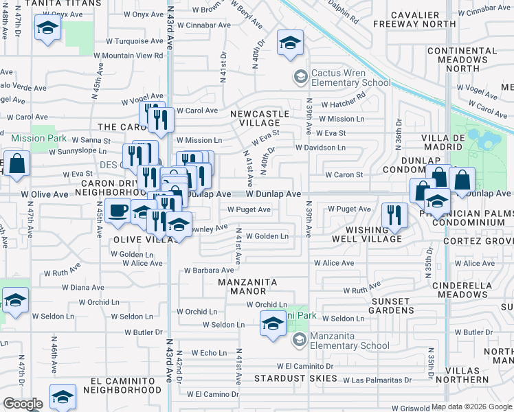 map of restaurants, bars, coffee shops, grocery stores, and more near 4030 West Puget Avenue in Phoenix