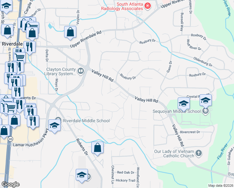 map of restaurants, bars, coffee shops, grocery stores, and more near 275 Tara Woods Dr in Riverdale