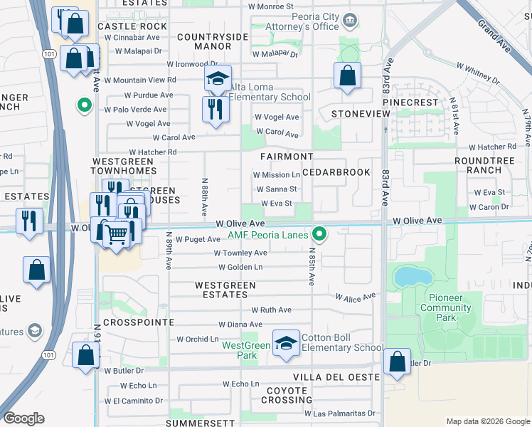 map of restaurants, bars, coffee shops, grocery stores, and more near 8610 West Caron Drive in Peoria