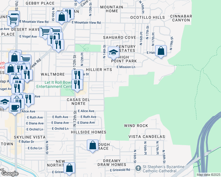 map of restaurants, bars, coffee shops, grocery stores, and more near 1422 East Puget Avenue in Phoenix