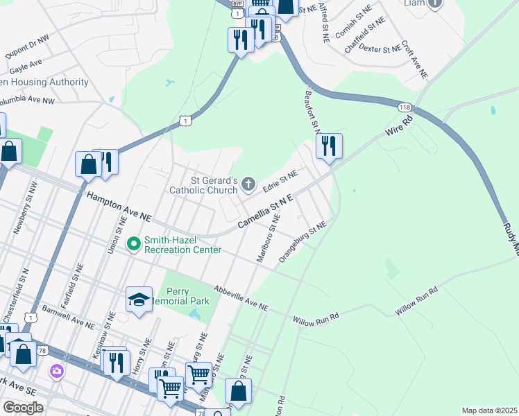 map of restaurants, bars, coffee shops, grocery stores, and more near 624 Camellia Street North East in Aiken