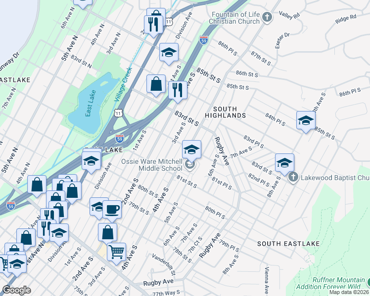 map of restaurants, bars, coffee shops, grocery stores, and more near 8154 4th Avenue South in Birmingham