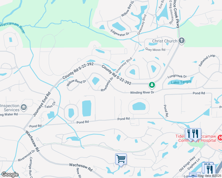 map of restaurants, bars, coffee shops, grocery stores, and more near 25 Riverbend Drive in Murrells Inlet