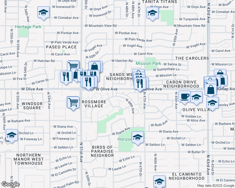map of restaurants, bars, coffee shops, grocery stores, and more near 4837 West New World Drive in Glendale