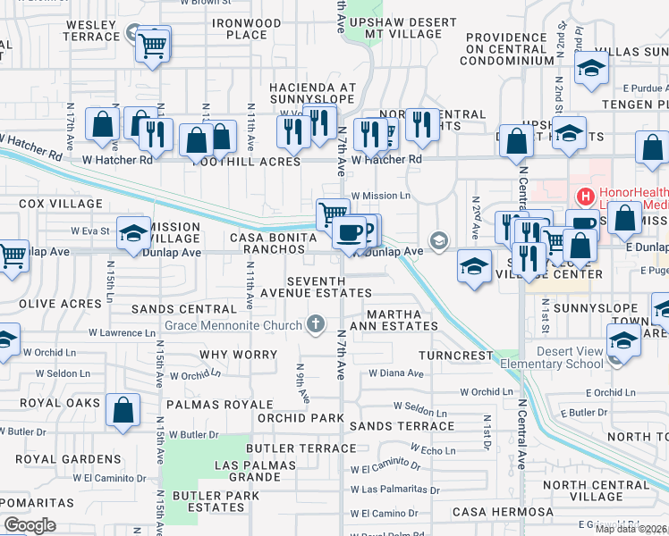 map of restaurants, bars, coffee shops, grocery stores, and more near 8840 North 7th Avenue in Phoenix