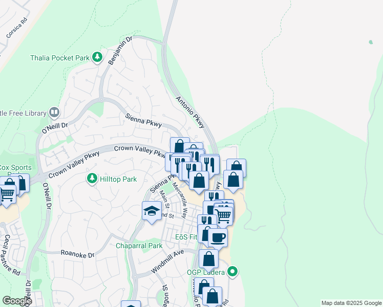 map of restaurants, bars, coffee shops, grocery stores, and more near 76 Kyle Court in Ladera Ranch