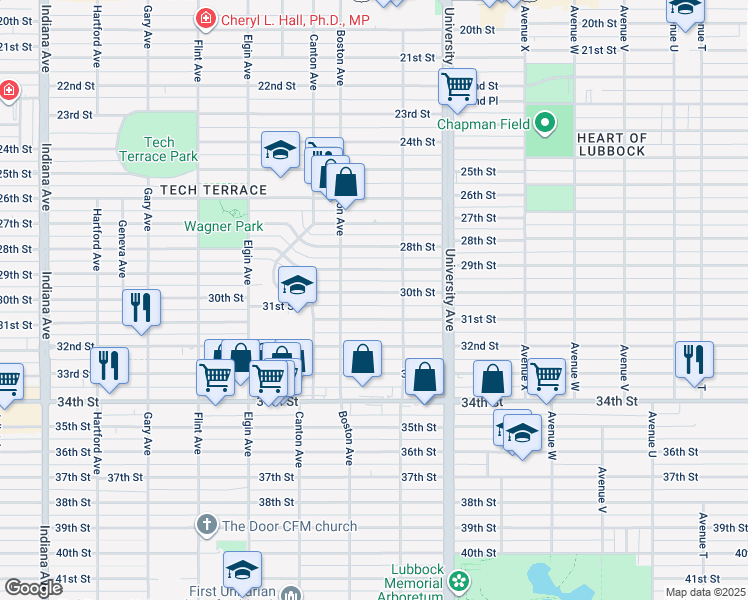 map of restaurants, bars, coffee shops, grocery stores, and more near 2611 30th Street in Lubbock