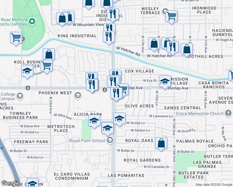 map of restaurants, bars, coffee shops, grocery stores, and more near in Phoenix