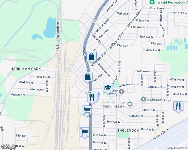 map of restaurants, bars, coffee shops, grocery stores, and more near 4315 Inglenook Street in Birmingham