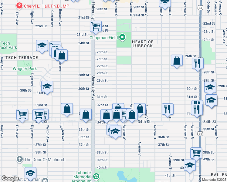 map of restaurants, bars, coffee shops, grocery stores, and more near 2407 30th Street in Lubbock