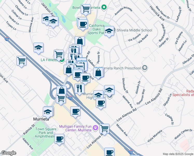 map of restaurants, bars, coffee shops, grocery stores, and more near 40800 Monroe Avenue in Murrieta
