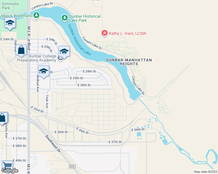 map of restaurants, bars, coffee shops, grocery stores, and more near 2802 East 30th Street in Lubbock
