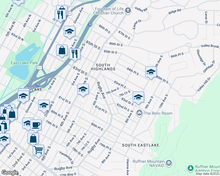 map of restaurants, bars, coffee shops, grocery stores, and more near 8309 Vassar Avenue in Birmingham