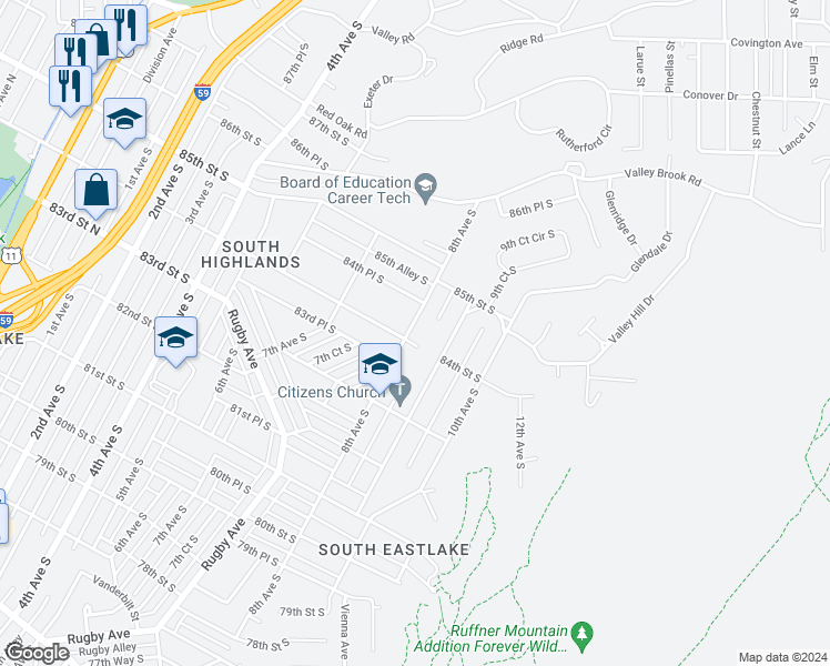 map of restaurants, bars, coffee shops, grocery stores, and more near 8405 8th Avenue South in Birmingham