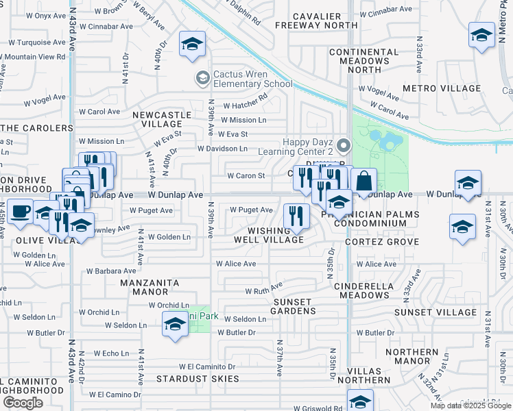 map of restaurants, bars, coffee shops, grocery stores, and more near 3728 West Puget Avenue in Phoenix