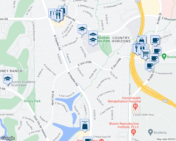 map of restaurants, bars, coffee shops, grocery stores, and more near 8471 East San Benito Drive in Scottsdale