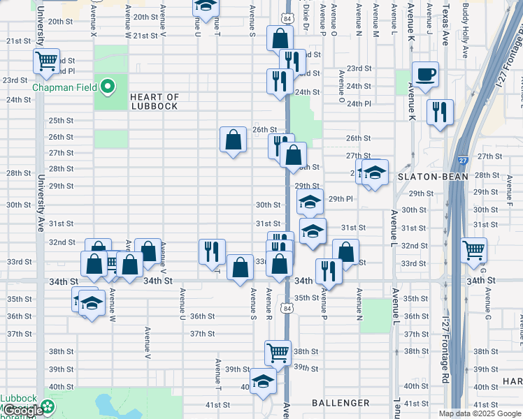 map of restaurants, bars, coffee shops, grocery stores, and more near in Lubbock