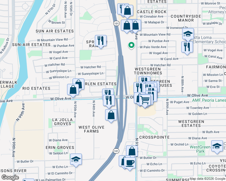map of restaurants, bars, coffee shops, grocery stores, and more near 9249 West Caron Circle in Peoria