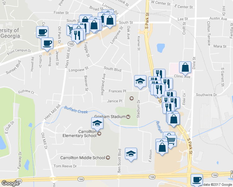 map of restaurants, bars, coffee shops, grocery stores, and more near 119 Frances Place in Carrollton