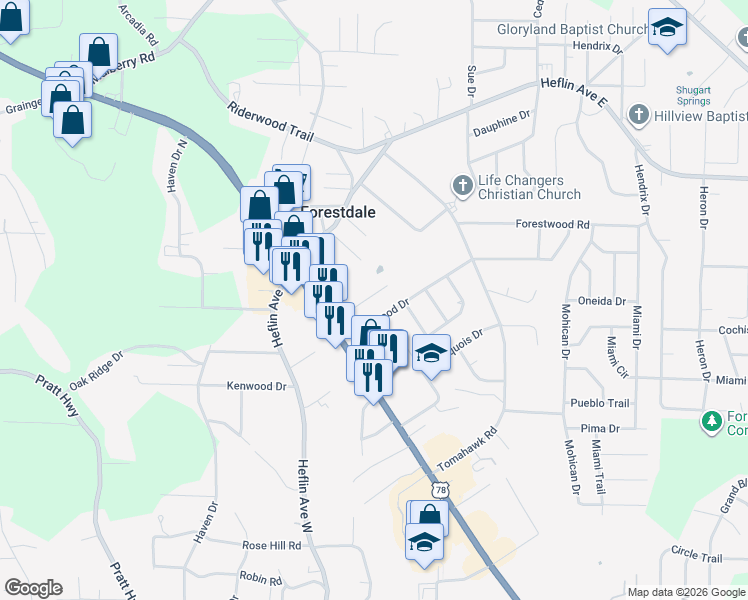 map of restaurants, bars, coffee shops, grocery stores, and more near 236 Walker Road in Birmingham