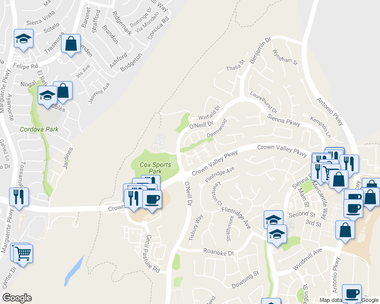 map of restaurants, bars, coffee shops, grocery stores, and more near 5 Amesbury Court in Ladera Ranch
