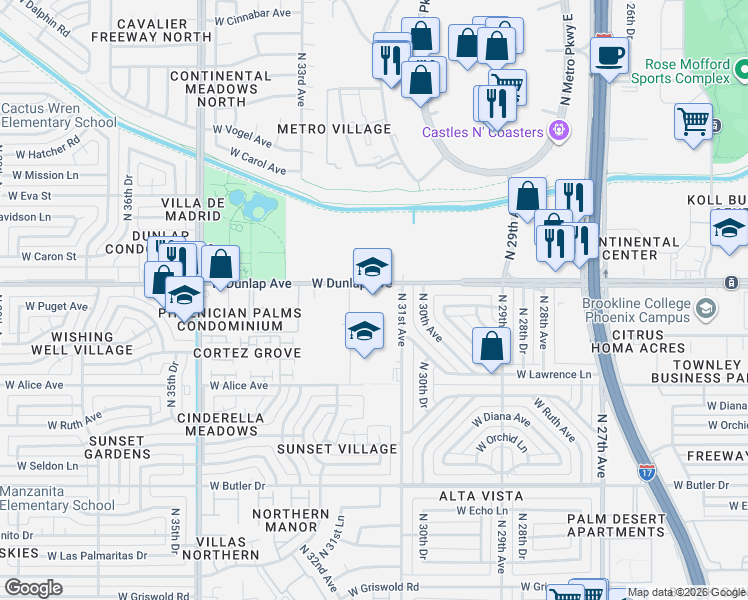 map of restaurants, bars, coffee shops, grocery stores, and more near 3101 West Dunlap Avenue in Phoenix