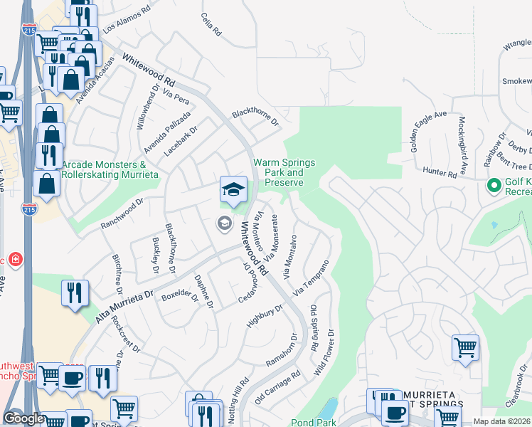 map of restaurants, bars, coffee shops, grocery stores, and more near 39400 Via Montero in Murrieta