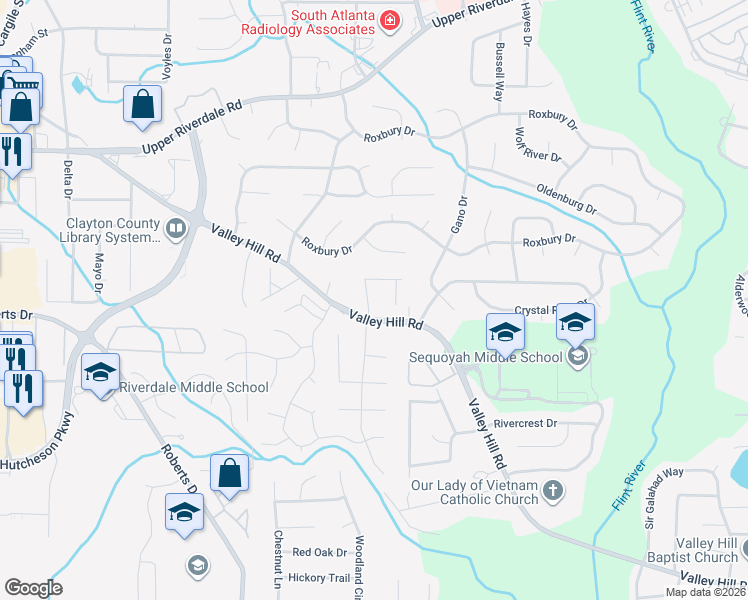 map of restaurants, bars, coffee shops, grocery stores, and more near 227 Shenandoah Drive in Riverdale