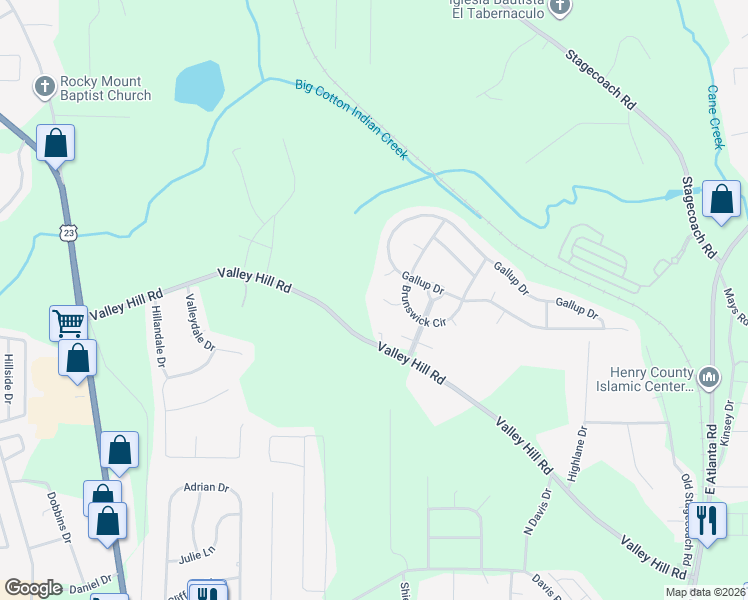 map of restaurants, bars, coffee shops, grocery stores, and more near 621 Mohawk Circle in Stockbridge