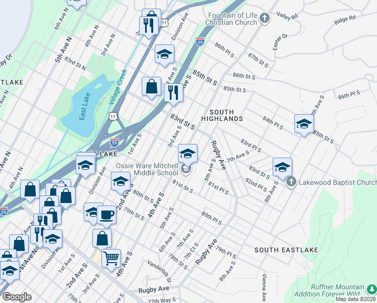 map of restaurants, bars, coffee shops, grocery stores, and more near 8154 4th Avenue South in Birmingham