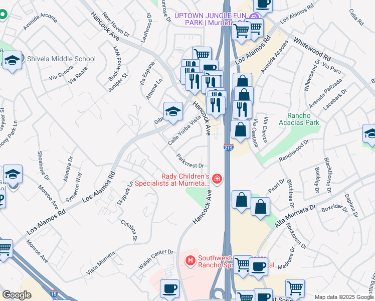 map of restaurants, bars, coffee shops, grocery stores, and more near 40113 Avenue Venida in Murrieta