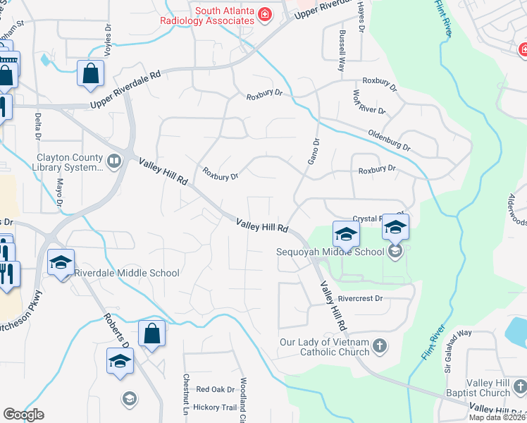 map of restaurants, bars, coffee shops, grocery stores, and more near 6871 Mountain Circle in Riverdale