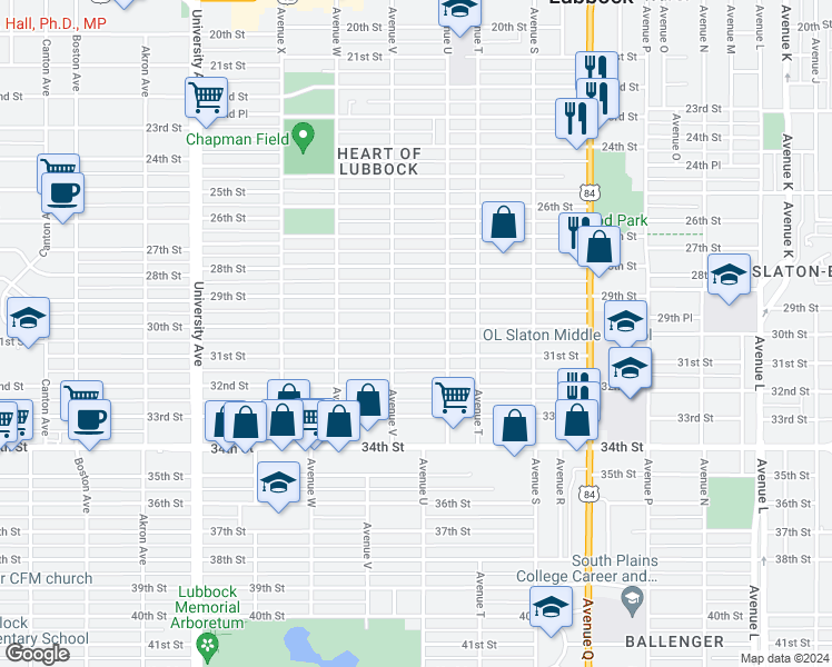 map of restaurants, bars, coffee shops, grocery stores, and more near 2113 30th Street in Lubbock