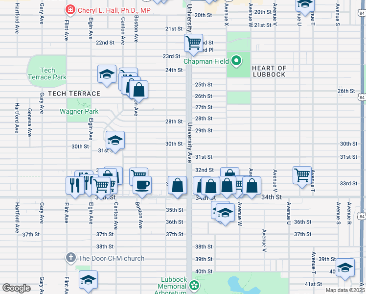 map of restaurants, bars, coffee shops, grocery stores, and more near 2505 30th Street in Lubbock
