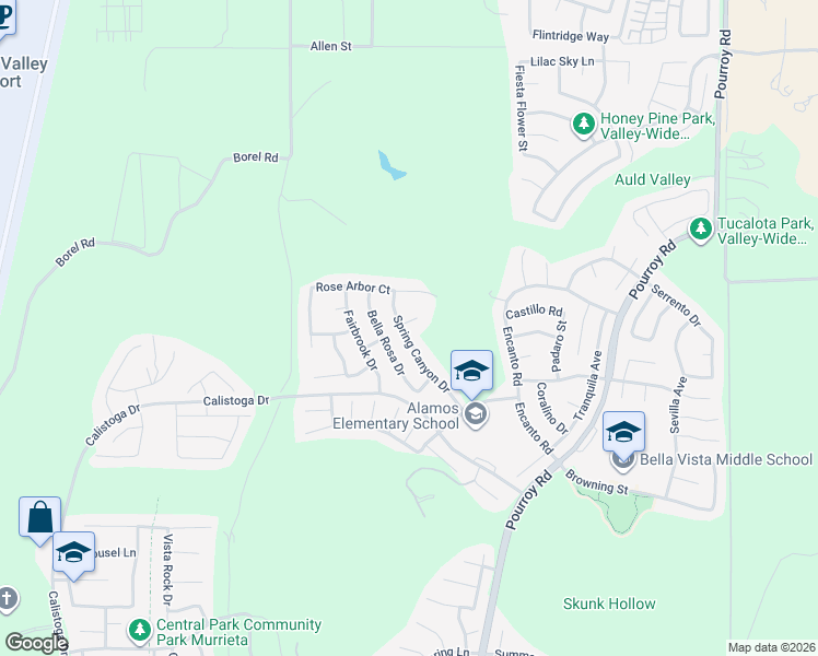 map of restaurants, bars, coffee shops, grocery stores, and more near 38080 Spring Canyon Drive in Murrieta