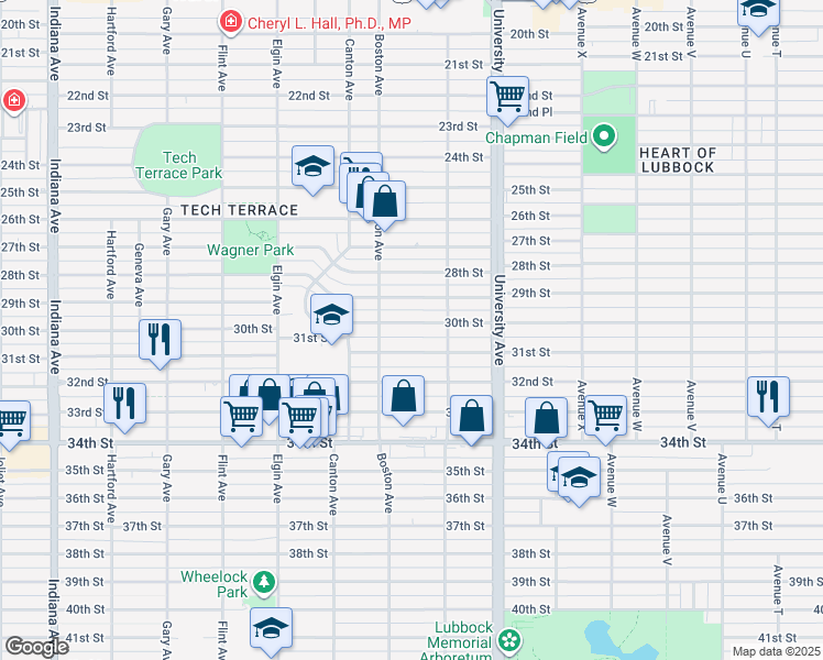 map of restaurants, bars, coffee shops, grocery stores, and more near 2613 30th Street in Lubbock