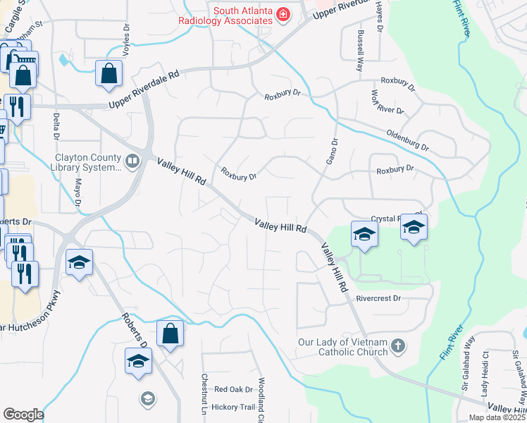 map of restaurants, bars, coffee shops, grocery stores, and more near 227 Shenandoah Drive in Riverdale