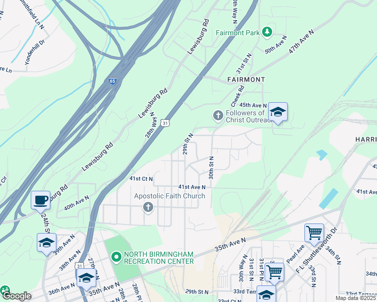 map of restaurants, bars, coffee shops, grocery stores, and more near 4221 29th Street North in Birmingham