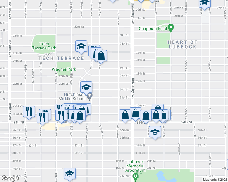 map of restaurants, bars, coffee shops, grocery stores, and more near 2605 30th Street in Lubbock