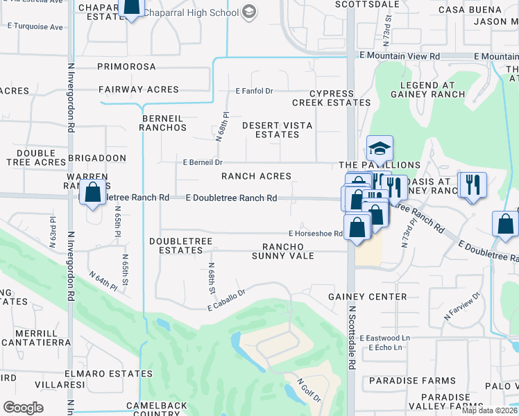 map of restaurants, bars, coffee shops, grocery stores, and more near 6927 East Doubletree Ranch Road in Paradise Valley