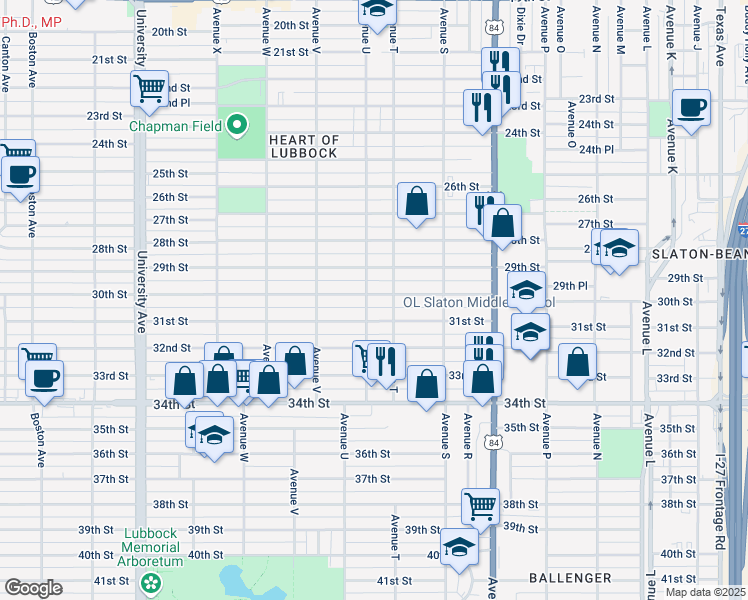 map of restaurants, bars, coffee shops, grocery stores, and more near 2009 30th Street in Lubbock