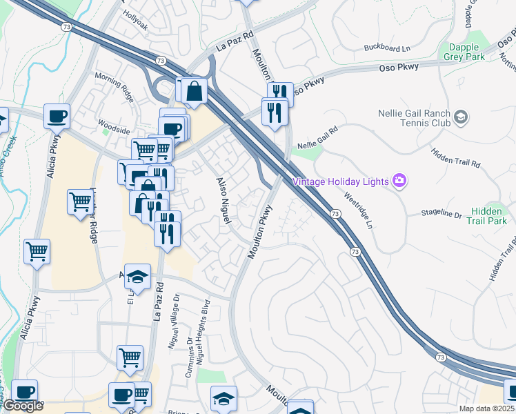 map of restaurants, bars, coffee shops, grocery stores, and more near Nicole Drive & Donna Drive in Laguna Niguel