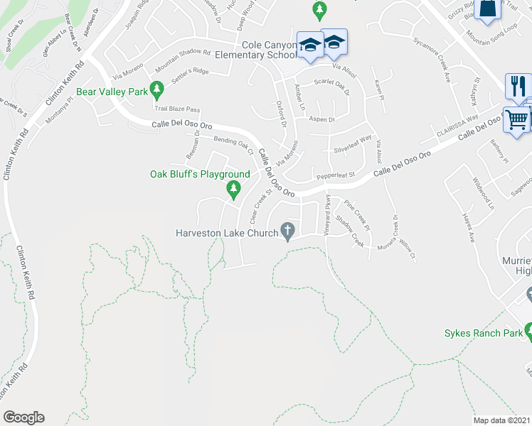 map of restaurants, bars, coffee shops, grocery stores, and more near 38179 Copperwood Street in Murrieta