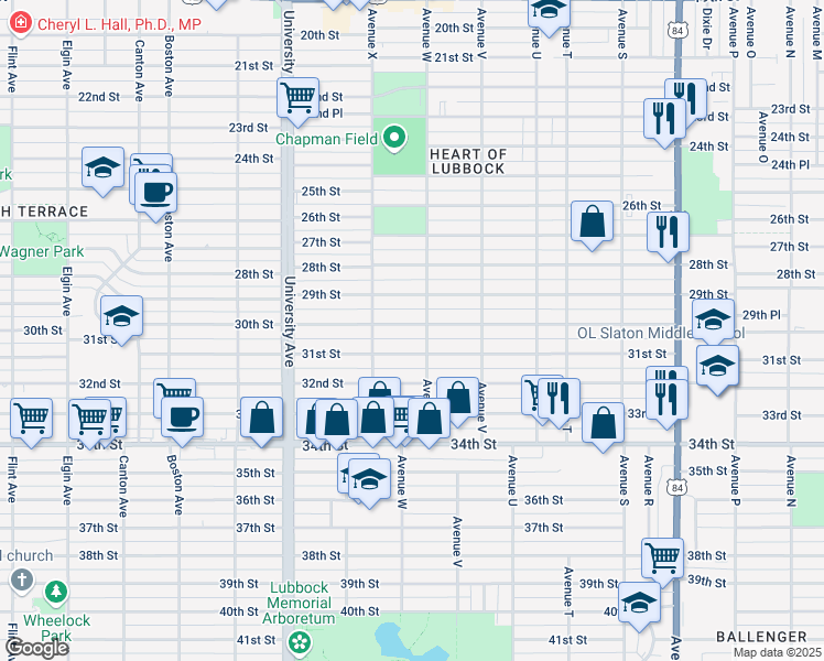 map of restaurants, bars, coffee shops, grocery stores, and more near 2305 30th Street in Lubbock