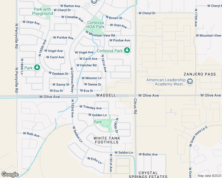 map of restaurants, bars, coffee shops, grocery stores, and more near 18096 West Olive Avenue in Waddell
