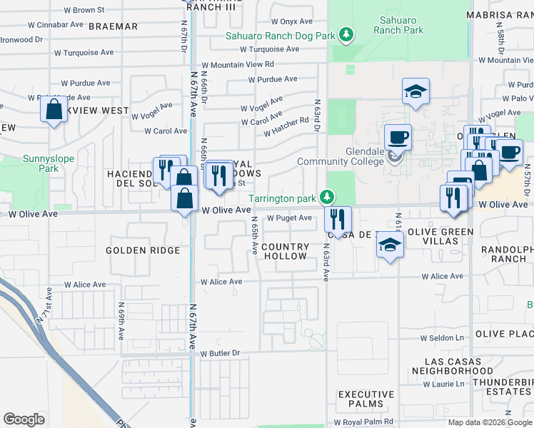 map of restaurants, bars, coffee shops, grocery stores, and more near 6450 West Puget Avenue in Glendale
