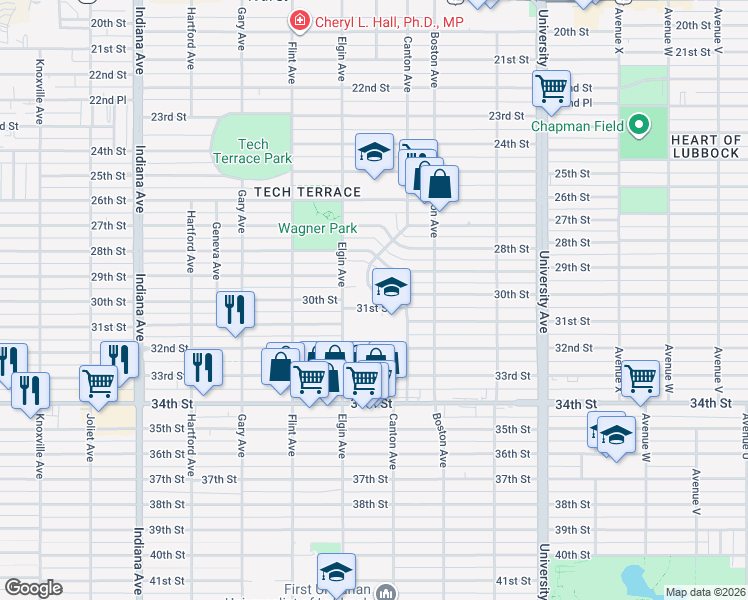 map of restaurants, bars, coffee shops, grocery stores, and more near 2813 30th Street in Lubbock
